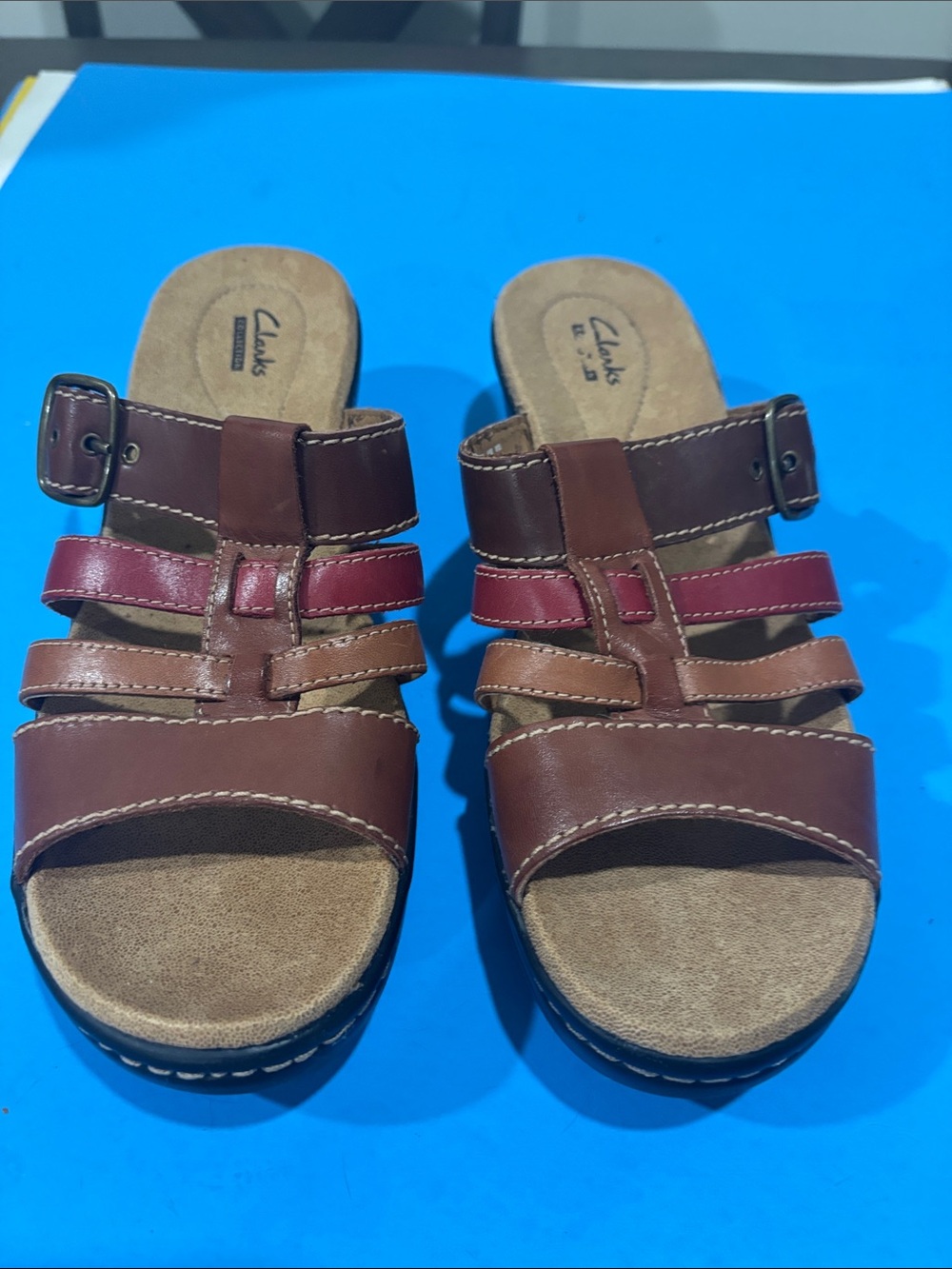 Clarks Women’s Brown and Burgundy Leather Slide Mules